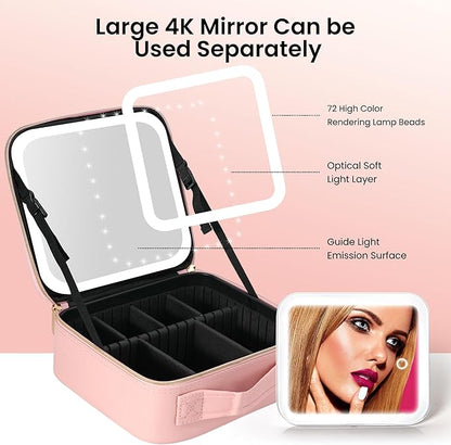 Travel Makeup Bag with Mirror Cosmetic Bag Makeup Artist Bag, 3 Color Scenarios Adjustable Brightness, Makeup Train Case Cosmetic Storage Gift for Daughter Wife Friend Pink