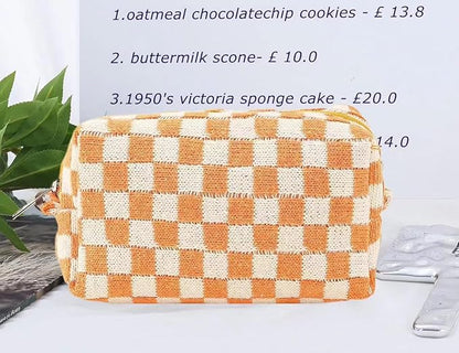 SxoSyo 2 Pcs Cosmetic Bags for Women Makeup Bag Purse Travel Toiletry Zipper Storage Pouch Make up Brushes Organizer for Gifts (Checkered, Orange 2)
