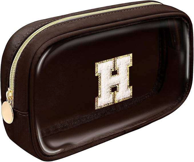 Christmas Gifts for Men,Personalized Initial Makeup Bags with Zipper, Clear Makeup Bag Small Cosmetic Bags,Nylon Travel Toiletry Bag Travel Essentials,Stocking Stuffers Gifts For Boys(Coffee, H)
