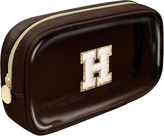 Christmas Gifts for Men,Personalized Initial Makeup Bags with Zipper, Clear Makeup Bag Small Cosmetic Bags,Nylon Travel Toiletry Bag Travel Essentials,Stocking Stuffers Gifts For Boys(Coffee, H)