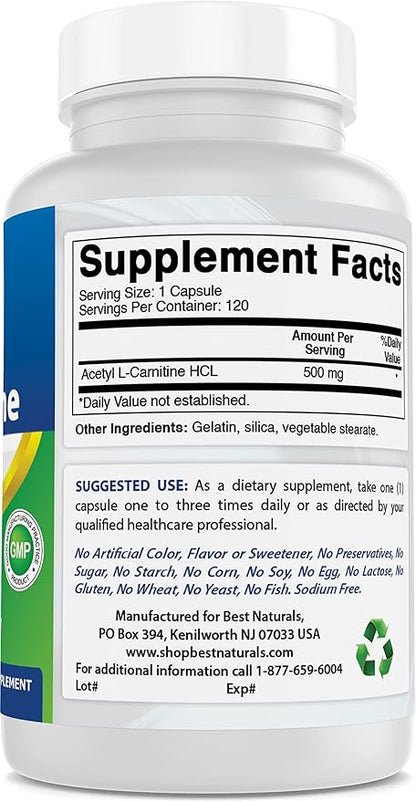 Best Naturals Acetyl L-Carnitine 500 Mg 120 Capsules (120 Count (Pack of 2))
