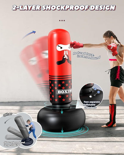 Inflatable Kids Punching Bag,Freestanding Boxing Bag with Gloves & Pump Kickboxing Training Set,Toddler Punching Dummy Toys Christmas Birthday Gifts for 3-5-8-12 Ages Boys Girls Karate MMA