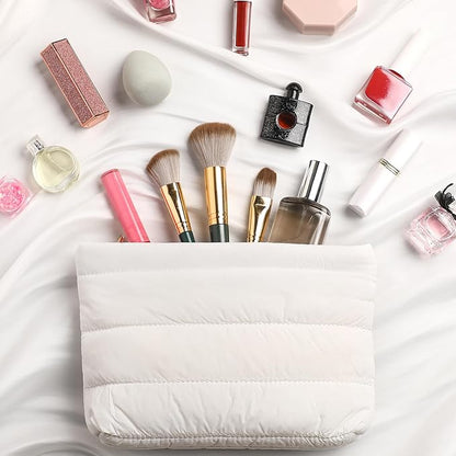 Hillban Puffy Quilted Makeup Bag Quilted Cosmetic Bag Cute Puffer Toiletry Checkered Pouch Aesthetic Travel Makeup Brushes Organizer(White,Classic Stripes)