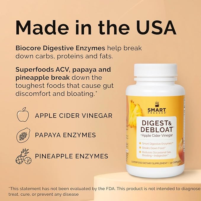 SMART Pressed Juice Digest & Debloat Digestive Enzymes Fast Acting for Acid Reflux Indigestion Heartburn Gas Bloat | All Natural Digestive Health with Apple Cider Vinegar, 90 Capsules Made in USA