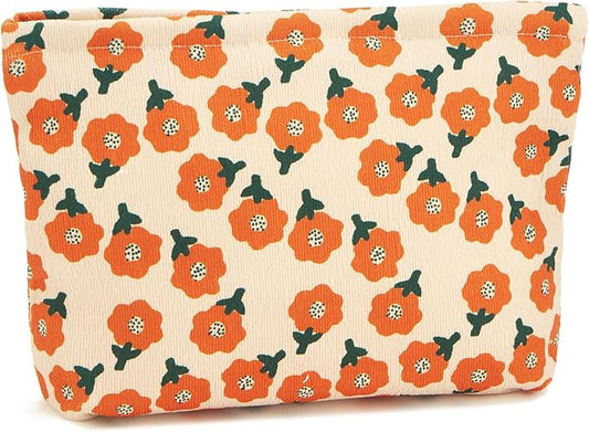 WOZEAH Floral Corduroy Makeup Bag for Purse Small Cosmetic Pouch,Stylish Zipper Make up Pouch Travel Canvas Toiletry Bags(Floral Corduroy 2)