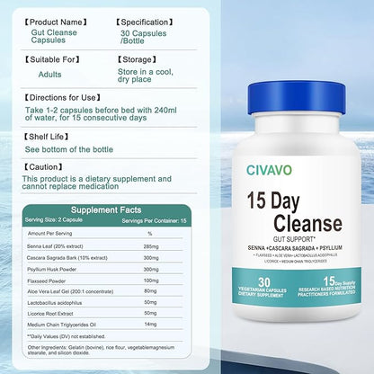 15 Day Gut Cleanse for Women & Men- Gut and Colon Support- Probiotics& Psyllium Husk Cleanse Bowel Dissolving Capsules, Dietary Supplement (30 Capsules)
