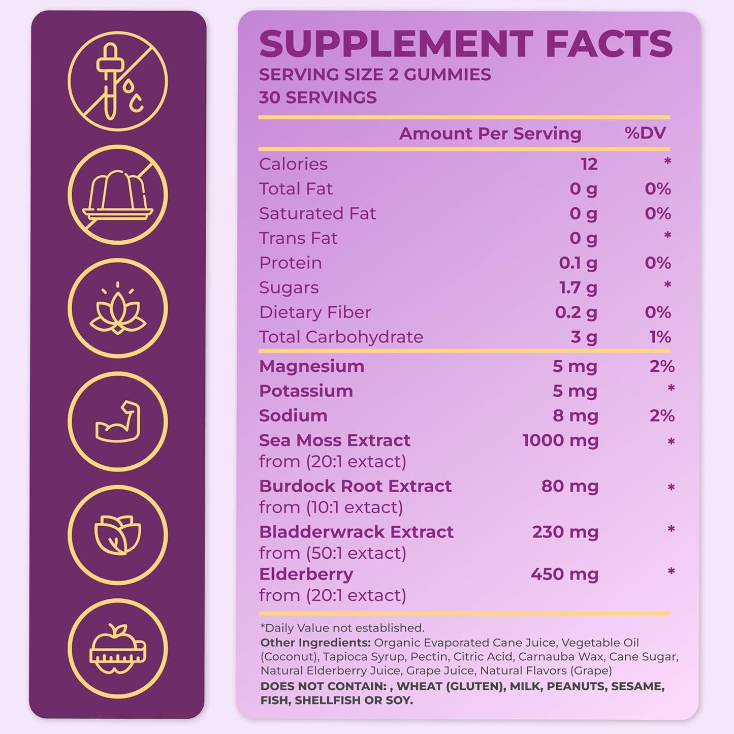Sea Moss Elderberry Gummies with Magnesium, Burdock Root and Bladderwrack - Immune Support for Kids and Adults 60pcs - Bag Pack of 1
