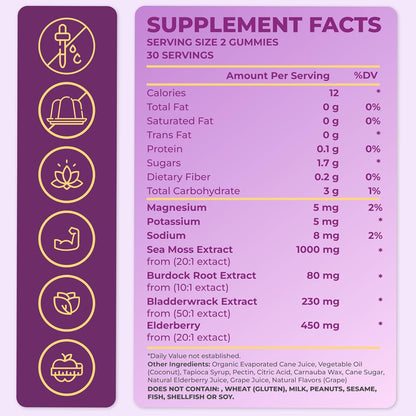 Sea Moss Elderberry Gummies with Magnesium, Burdock Root and Bladderwrack - Immune Support for Kids and Adults 60pcs - Bag Pack of 1