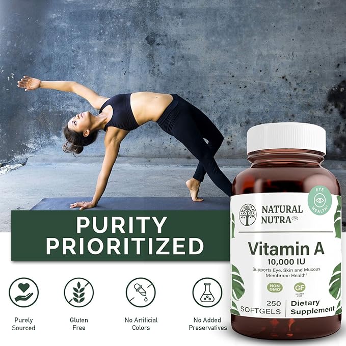 Natural Nutra Vitamin A 10,000 IU Softgels – High Potency Eye and Skin Vitamins – Gluten-Free Vitamin A Supplement for Sight & Skin Health – Fish Liver Oil for Men and Women, Gluten Free 250 Softgels
