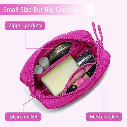 Quilted Cosmetic Bag, Puffer Makeup Bags, Crossbody Purses for women,Cute Travel Toiletry Bag for Women (Rose Red)