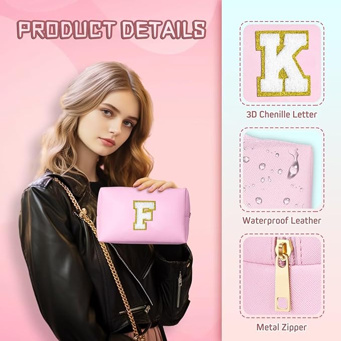 TOPEAST Preppy Makeup Bag, Cute Makeup Pouch PU Leather Waterproof Cosmetic Bag, Personalized Birthday Gifts for Mom Teacher Friends Bridesmaids Nurse, Trendy Stuff for Girls (Pink I)