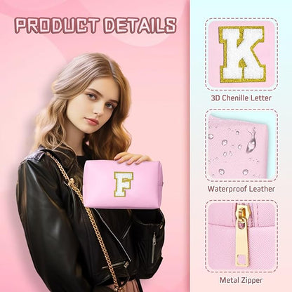 TOPEAST Preppy Makeup Bag, Small Cosmetic Travel Bags for Women, PU Leather Waterproof Toiletry Bag with Zipper, Personalized Birthday Gift for Women Girl, Preppy Gifts for Girl (Pink F)