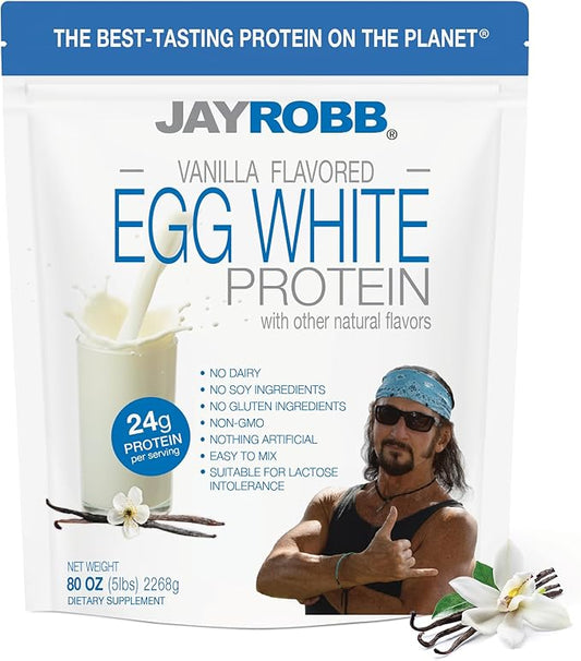JAYROBB Vanilla Egg White Protein Powder, Low Carb, Keto, Vegetarian, Gluten Free, Lactose Free, No Sugar Added, No Fat, No Soy, Nothing Artificial, Non-GMO, Best-Tasting (80 oz, Vanilla)