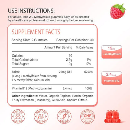 L-Methylfolate 15mg Gummies, Methylated Multivitamin with Methylated B12, Active 5-MTHF Form, Supports MTHFR Mutation, Methylation, Mood & Cognition, Vegan, Non-GMO, Raspberry Flavor, 60 Cts