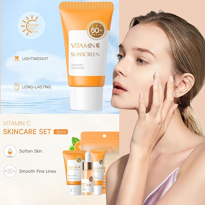 Skin Care Kit Vitamin C Girls Gifts - Skincare for Girls 10-12 - Moisturizing Skincare Set - Easter Gifts Set with Sunscreen,Serum,Face&Eye Cream - Travel Essentials(One Size, Vitamin C 4PCS Scent)