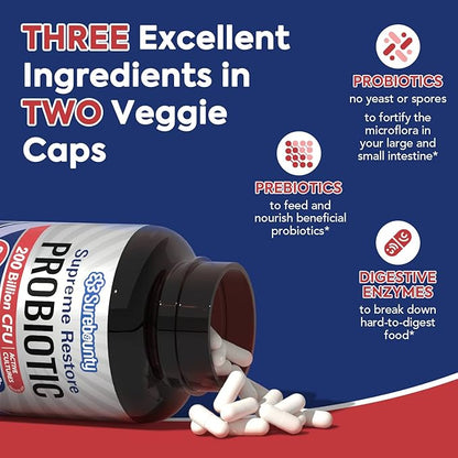 Probiotic for Men & Women, 200 Billion CFU 35 Strains, Prebiotics + Digestive Enzymes, Supreme Restore Probiotic Supplement, Upper, Mid, Lower GI Tract Balance, 60 Veggie Capsules, 1 Month
