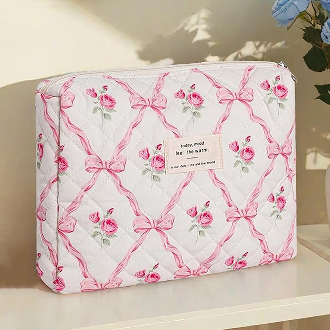 Quilted Makeup Bag,Bow Makeup Bag,Cotton Makeup Bag Set for Women,Travel Makeup Bag,Large Toiletry Cosmetic Bag Makeup Bag Organizer for Women Girls (M5-1PC)