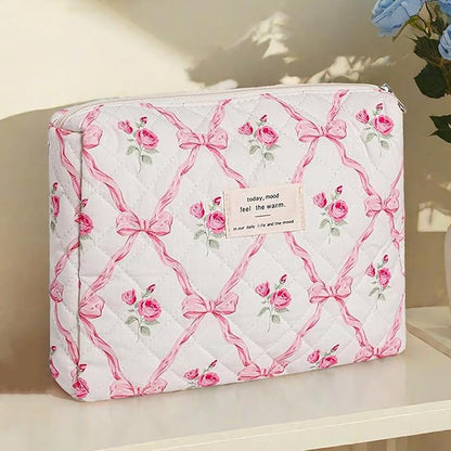 Quilted Makeup Bag,Bow Makeup Bag,Cotton Makeup Bag Set for Women,Travel Makeup Bag,Large Toiletry Cosmetic Bag Makeup Bag Organizer for Women Girls (M5-1PC)