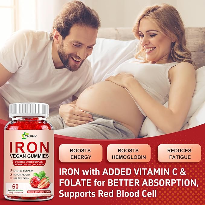 Iron Supplement Gummies, 65mg Iron and 250mg Vitamin C for Women Men Kids, Natural Vegan Iron Gummy with Vitamin A, B-Complex, Biotin, Zinc & Folate -Blood Builder & Energy Support, 60 Gummies