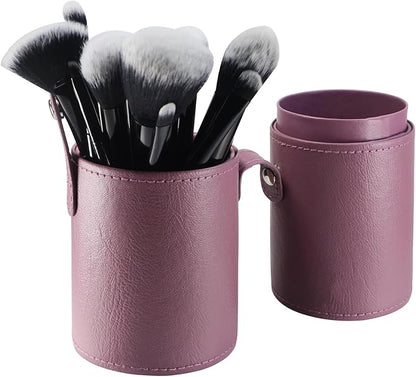Portable Makeup Brush Case,Pu Leather Makeup Brush Holder with Button,Travel Cup Storage Dustproof Makeup Cosmetic Bags for Women (Purple)