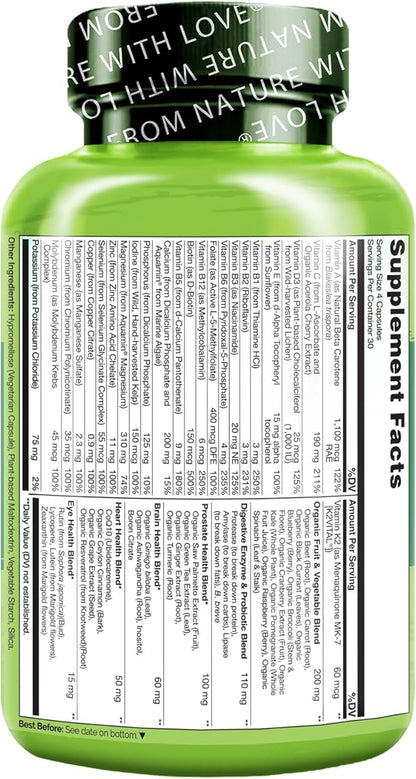 NATURELO Whole Food Multivitamin for Men 50+ - with Vitamins, Minerals, Organic Herbal Extracts - Vegan Vegetarian - for Energy, Brain, Heart and Eye Health - 120 Capsules