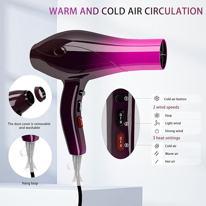 Ionic Hair Dryer,2400W Negative Ion Low Noise Hair Dryer Professional Fast Drying Hair Dryer with 2 Speeds, 3 Heat Settings, Cooling Button,with Diffuser for Curly and Straight Hair（Crimson Fade）