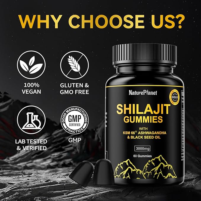 3000 MG Shilajit Gummies, Pure Himalayan Shilajit Extract Organic with 85+ Trace Minerals for Energy & Vitality, 60 Count
