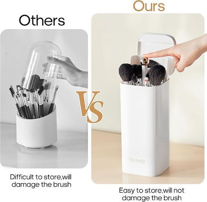 Makeup Brush Holder with Lid,One Touch Open 4 Slot Makeup Brush Case with Waterproof Dustproof,Brushes Storage Holder for Vanity, Dresser, Desk (White)