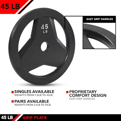 JFIT Olympic 2" Cast Iron Grip Plate OR 2" Rubber Bumper Plates for Barbell - Singles OR Pairs - 6 Weights Available (2.5lbs to 45lbs) Plates for Strength Training, Weightlifting, Bodybuilding