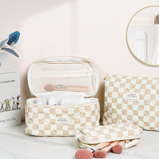 3Pcs Cotton Quilted Makeup Bag Set,Large Floral Cosmetic Bag，Aesthetic Toiletry Travel Makeup Bag Set and Cute Flower Bag for Women Girls (White Brown Plaid)