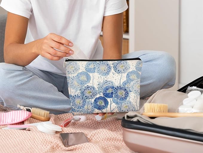 Cottagecore Floral Makeup Organizer - Indigo Watercolor Dandelion, Aesthetic Flower Makeup Bag for Women & Girls