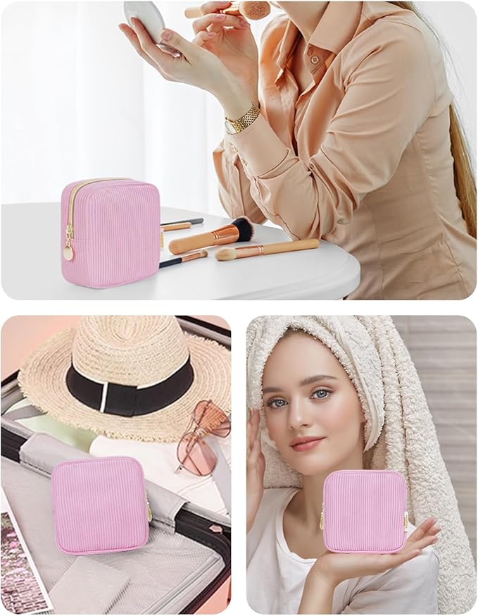 Wandering Nature Small Makeup Bag for Purse Mini Make up Pouch Cute Cosmetic Pouch for Women with Slip-in Pockets Corduroy, Pink