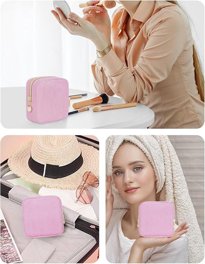 Wandering Nature Small Makeup Bag for Purse Mini Make up Pouch Cute Cosmetic Pouch for Women with Slip-in Pockets Corduroy, Pink