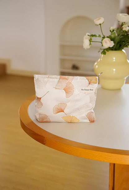 The Summer Swan | Large Aesthetic Makeup Bag | Floral Makeup Bag | Mid-day Clutch | Period Kit Bag | Hygiene Bag | Skincare Bag | Cute Makeup Bag (Ginko), CosmeticBag10575