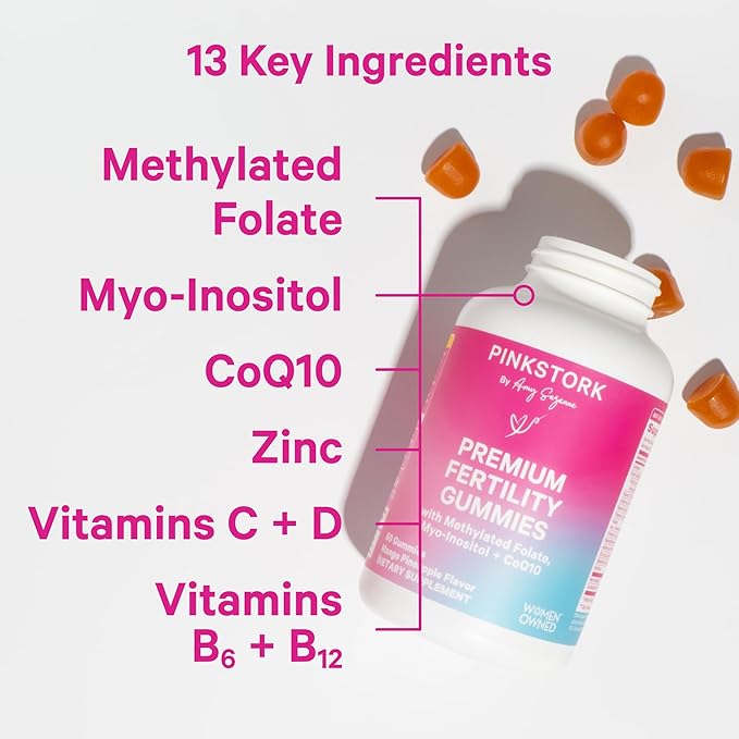 Pink Stork Premium Fertility Gummies for Women - Prenatal Conception Supplements for Her with Inositol, CoQ10, Folate and Vitamins to Support Hormone Balance, Ovulation + Menstrual Cycle, 60 Gummies