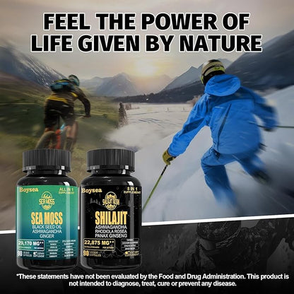 Boysea.Shilajit and Sea Moss Bundle - Sea Moss (7000mg), Ashwagandha (2000mg), Black Seed Oil (4000mg), Ginger & Shilajit (9000mg), Rhodiola Rosea (1000mg) – 90 Count (2 Pack)