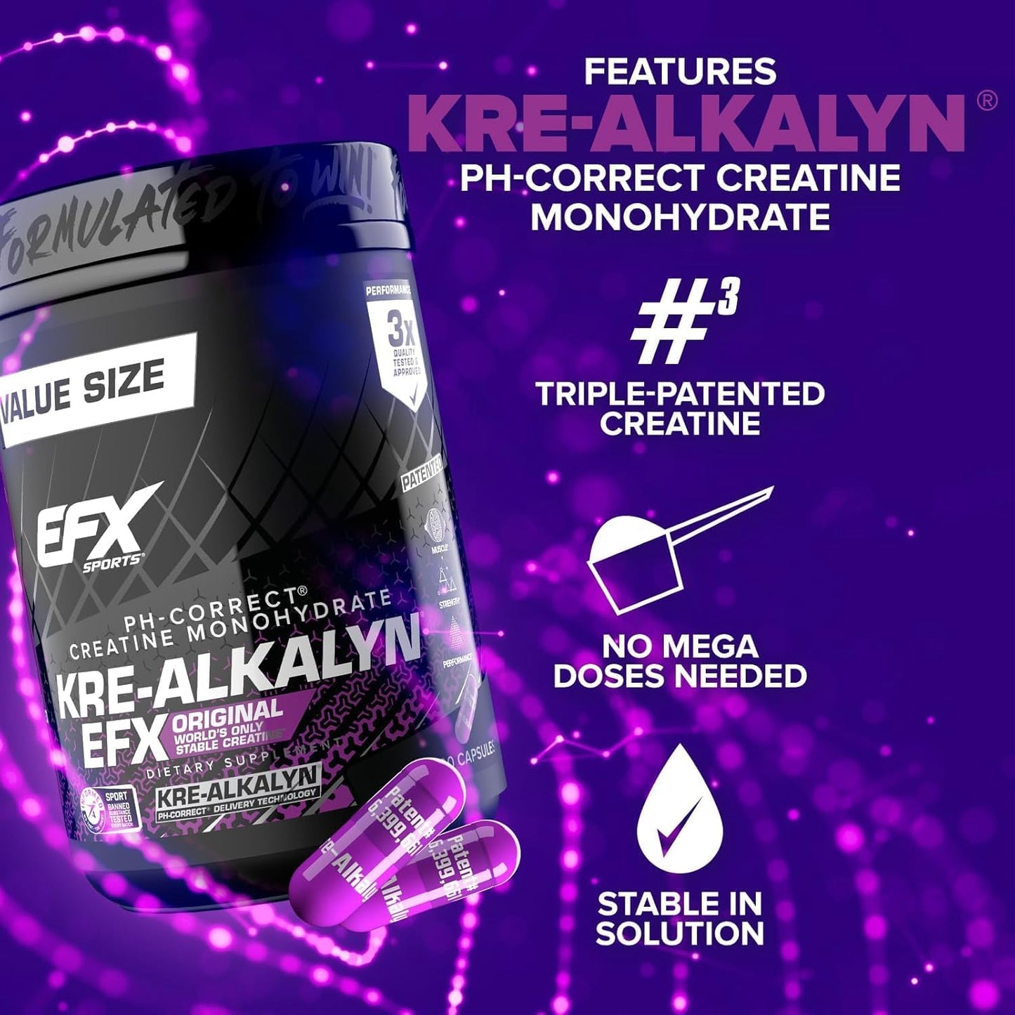 EFX Sports Kre-Alkalyn EFX | pH Correct Creatine Monohydrate Pill Supplement | Strength, Muscle Growth & Performance | 200 Servings, 400 Capsules