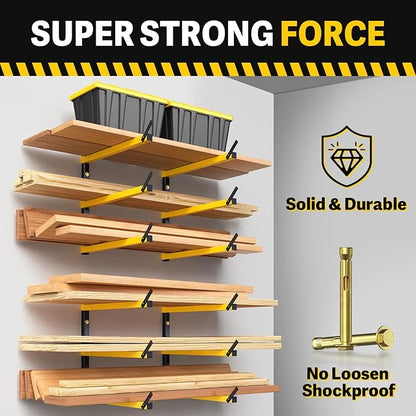 GREENER Lumber Storage Rack Folding Wood Storage Racks Wall-Mounted Metal Racks for Storage with 3-Level Heavy Duty Garage Wood Organizer for Woodworking Shop Indoor & Outdoor Use, 4 pairs,Yellow