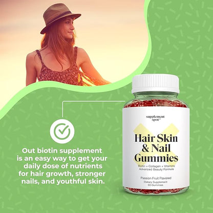 Hair Skin and Nails Vitamins, 6000 mcg Biotin Gummies w/Collagen & Vitamins, Passion Fruit Flavored Hair Vitamins, Gluten Free Collagen Supplements (60 Count)
