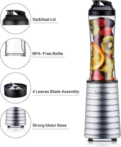 La Reveuse Smoothies Blender Single Serving 300 Watts with 18 oz BPA-Free Portable Travel Sports Bottle (Silver)