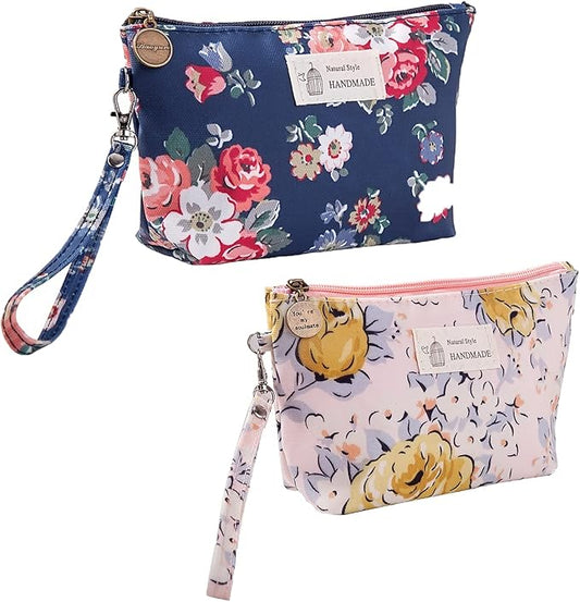 Qikuver Canvas Cosmetic Bags, 2 Pieces Cosmetic Bags for Women, Makeup bag Cute Cosmetic Bag Organizer Small Mini Makeup Pouch for Purse Toiletry Bag