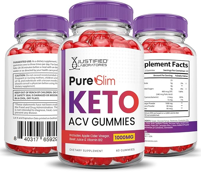 Pure Slim Keto ACV Gummies Advanced Formula 1000MG PureSlim Keto Gummies Apple Cider Vinegar Formulated with Pomegranate Beet Juice Powder B12 Vegan Non GMO 60 Gummys
