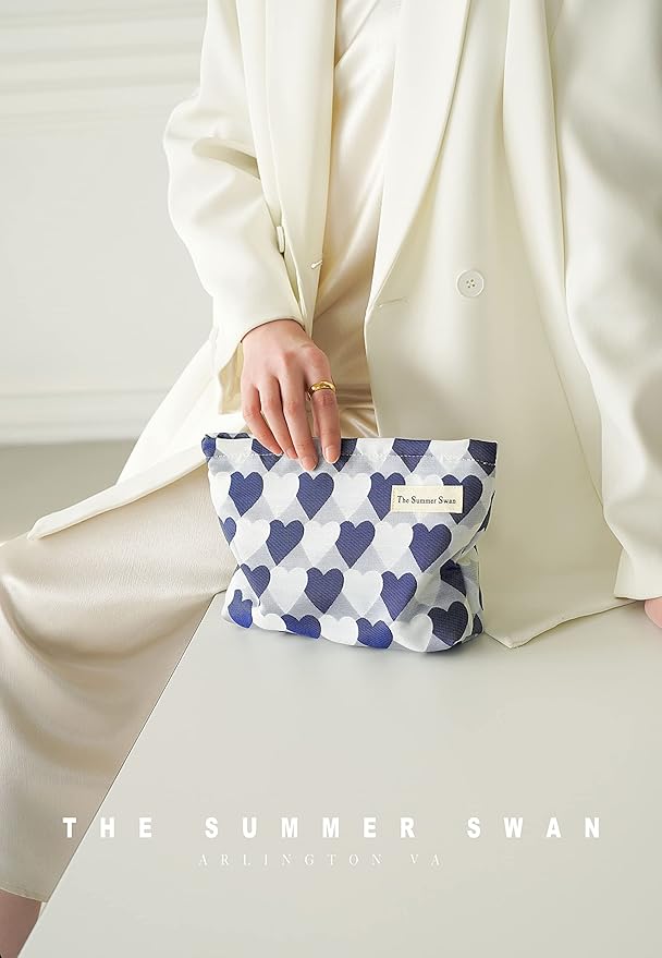 Summer Swan | Large Floral Mid-day Clutch | Period Kit & Hygiene Bag | Skincare Bag (Valentine Hearts Blue)