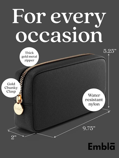 Embla Makeup Bag Travel Cosmetics Pouch and Toiletry Bag, Nylon Zipper Pouch Purse, Cute Make Up Organizer Storage Tote for Women Girls, Waterproof Travel Skincare Case, Small Makeup Bags, Black Noir
