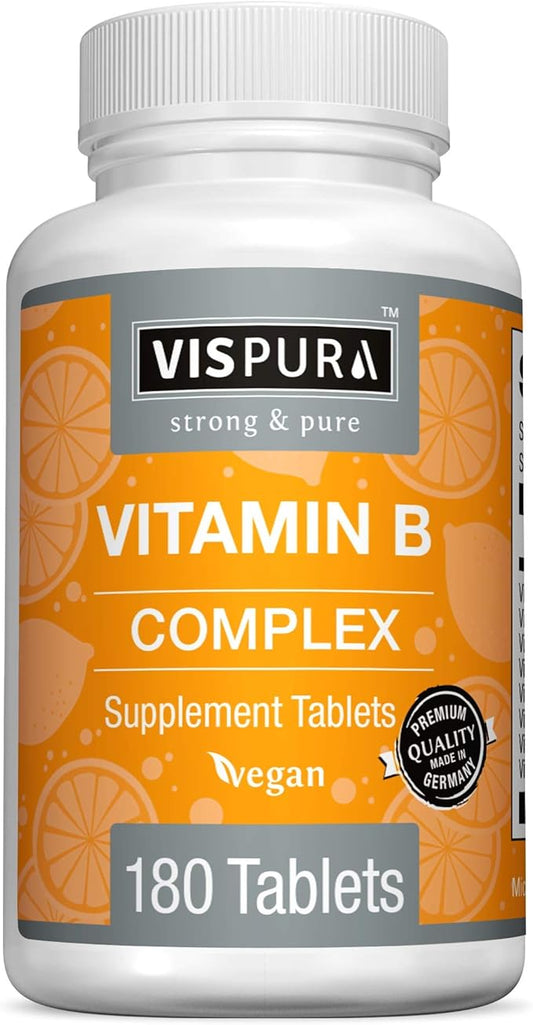 Vitamin B-Complex, 180 Vegan Tablets, All B Vitamins Including B12, B1, B2, B3, B5, B6, B7, B9, Folic Acid, for Stress, Energy and Healthy Immune System*, Natural Supplement Without Additives