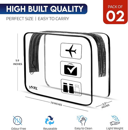 VYRL 2 Pack Clear Makeup Bag - Quart Size 3-1-1 TSA Approved Toiletry Bag with Zipper - Water-Resistant Durable PVC Clear Toiletry Bag for Carry-on Airport Travel Accessories - Black