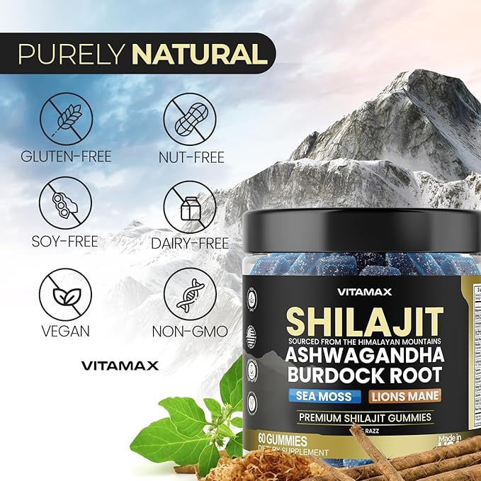 Organic Shilajit Gummies 1500mg, Sea Moss 200mg, Ashwagandha 500mg, 105+ Trace Minerals – Organic Burdock Root & Lions Mane Mushroom - Blue Razz – Vegan & Non-GMO – Made in USA – 60ct