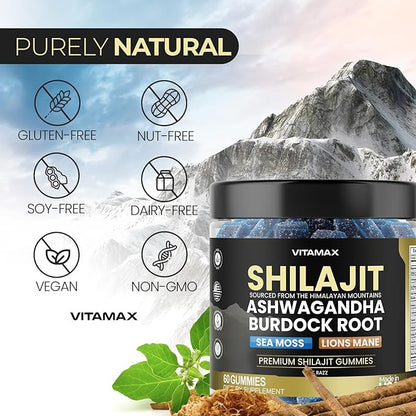 Organic Shilajit Gummies 1500mg, Sea Moss 200mg, Ashwagandha 500mg, 105+ Trace Minerals – Organic Burdock Root & Lions Mane Mushroom - Blue Razz – Vegan & Non-GMO – Made in USA – 60ct