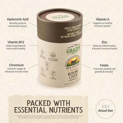 Grass Fed Beef Liver from New Zealand - Freeze Dried 3000mg per Serving (500mg per Capsule) (30 Servings)