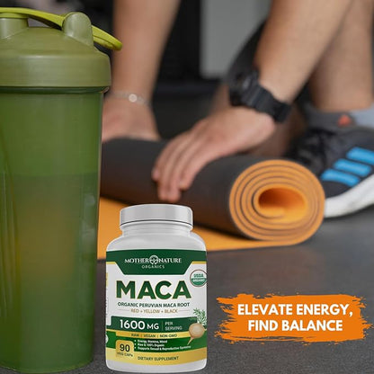 Mother Nature USDA Organic Maca Root Capsules 1600mg, Vegan, Raw Maca Supplement for Stamina, Hormonal Balance & Well-Being, Non-GMO Premium Peruvian Maca for Men & Women, Reproductive Health (90ct)